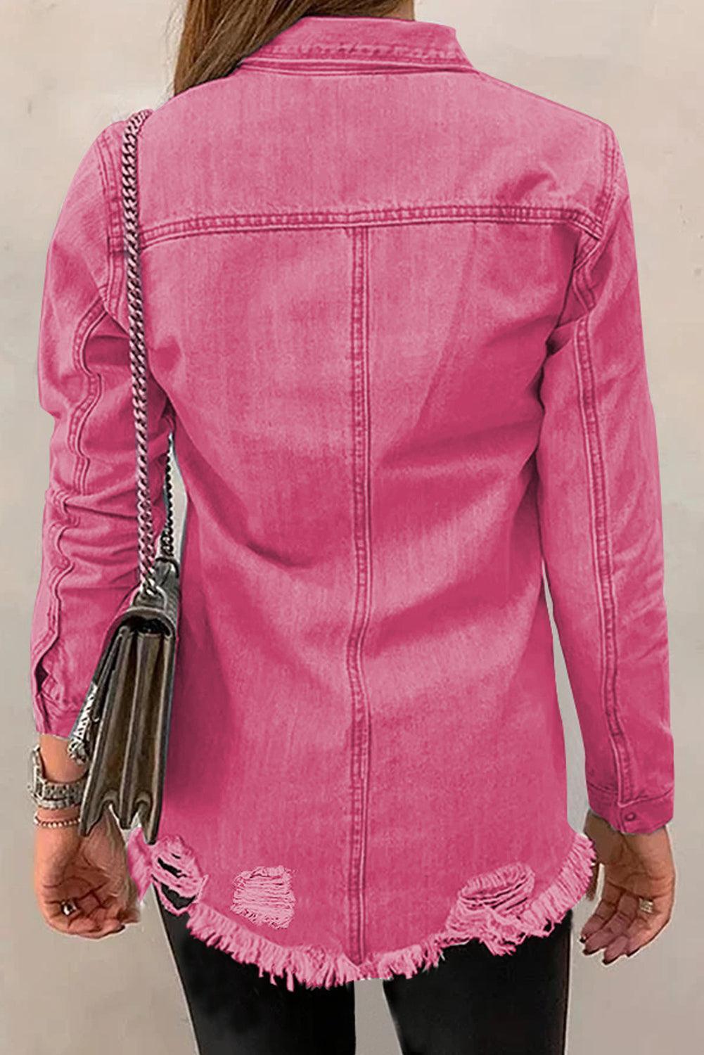 Distressed Raw Hem Snap Down Denim Jacket - ClubOn