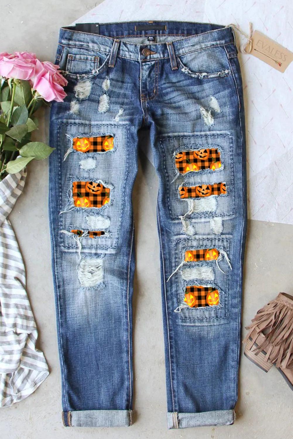 Distressed Pumpkin Pattern Jeans with Pockets - ClubOn