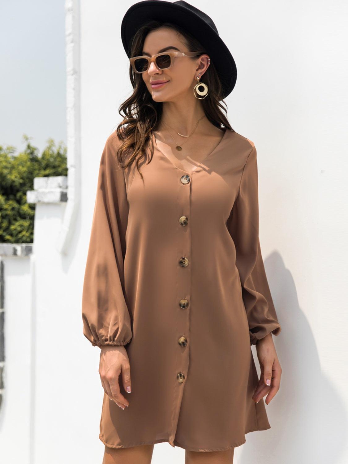 V-Neck Long Sleeve Mini Dress - ClubOn