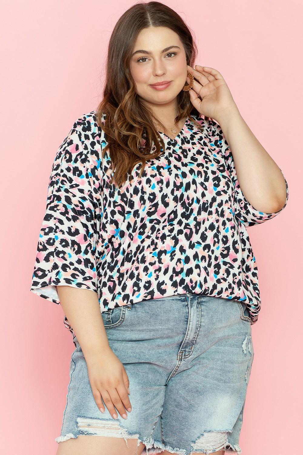 Plus Size Leopard V-Neck Three-Quarter Sleeve Blouse - ClubOn