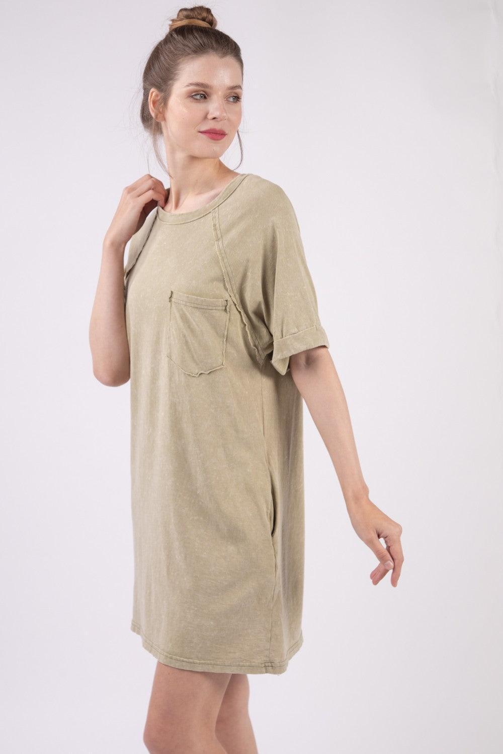 VERY J Washed Round Neck Mini Tee Dress - ClubOn