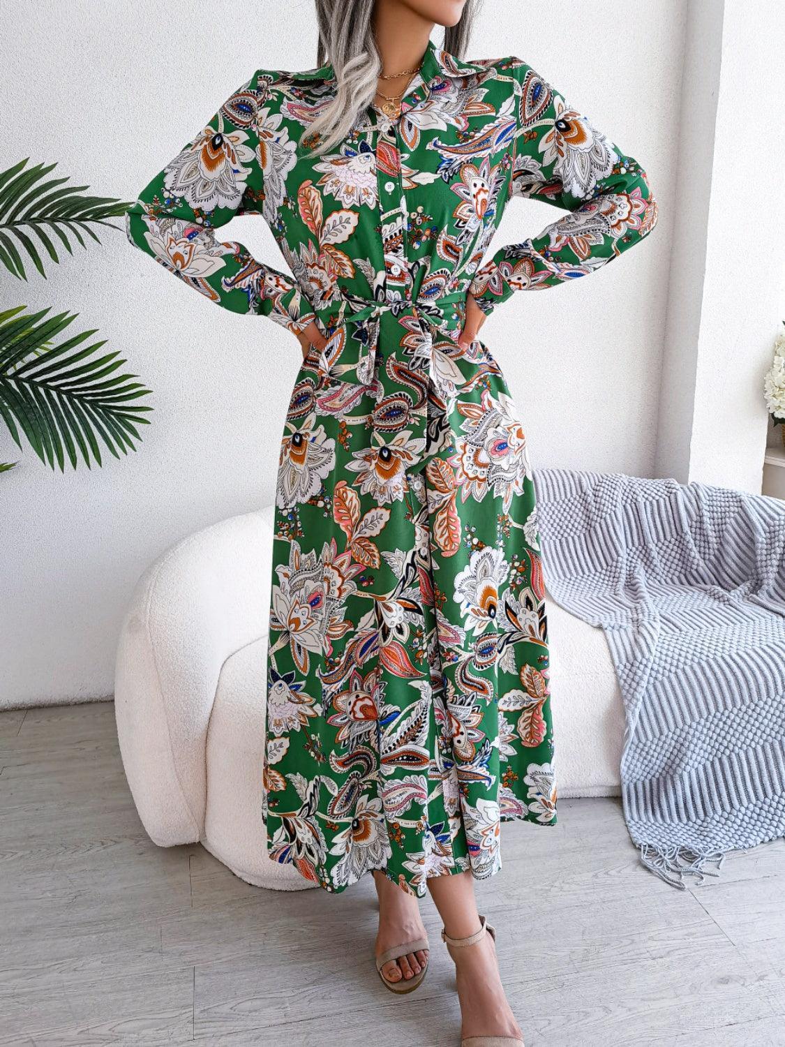 Tied Printed Long Sleeve Midi Dress - ClubOn