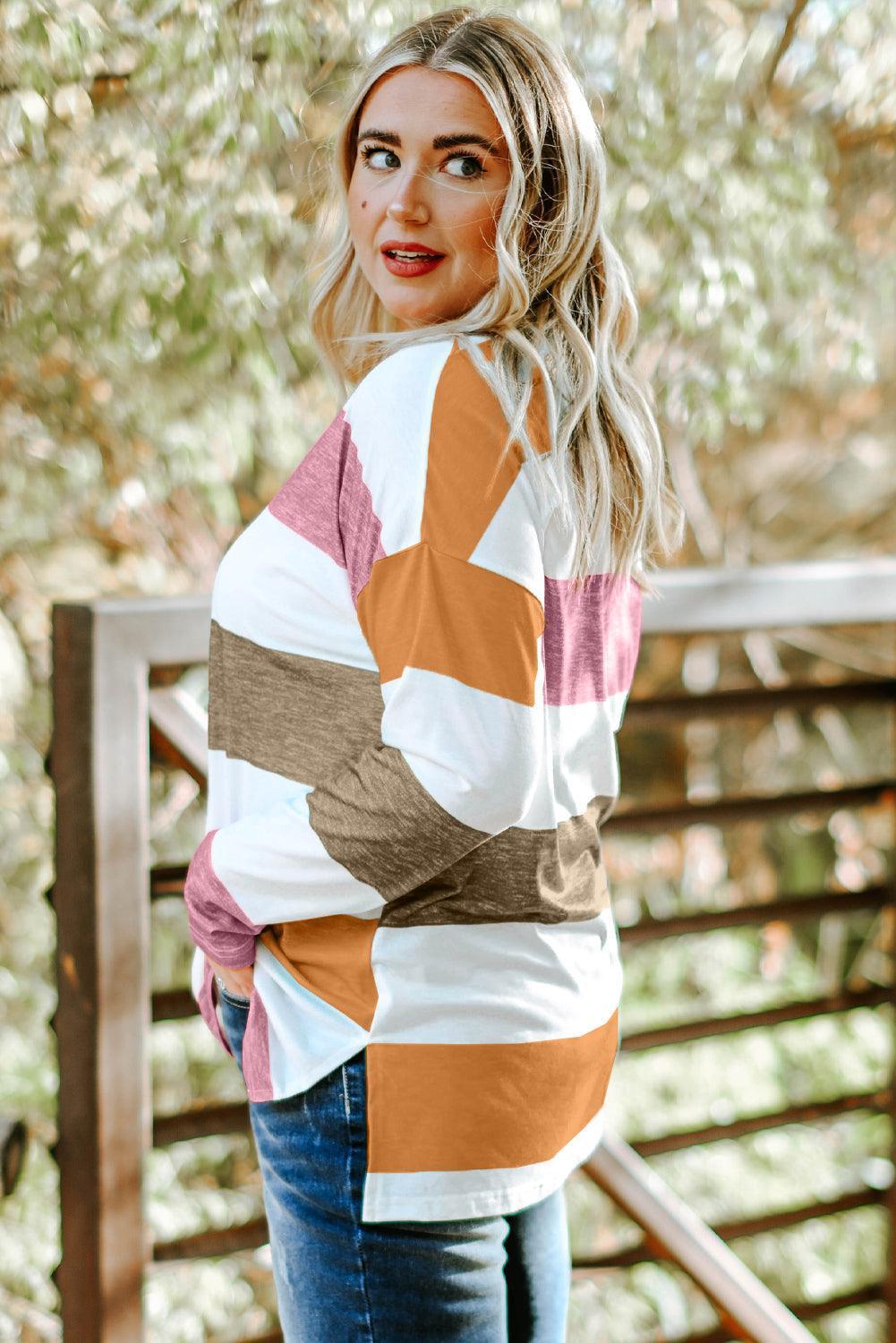 Plus Size Striped Slit Long Sleeve T-Shirt - ClubOn