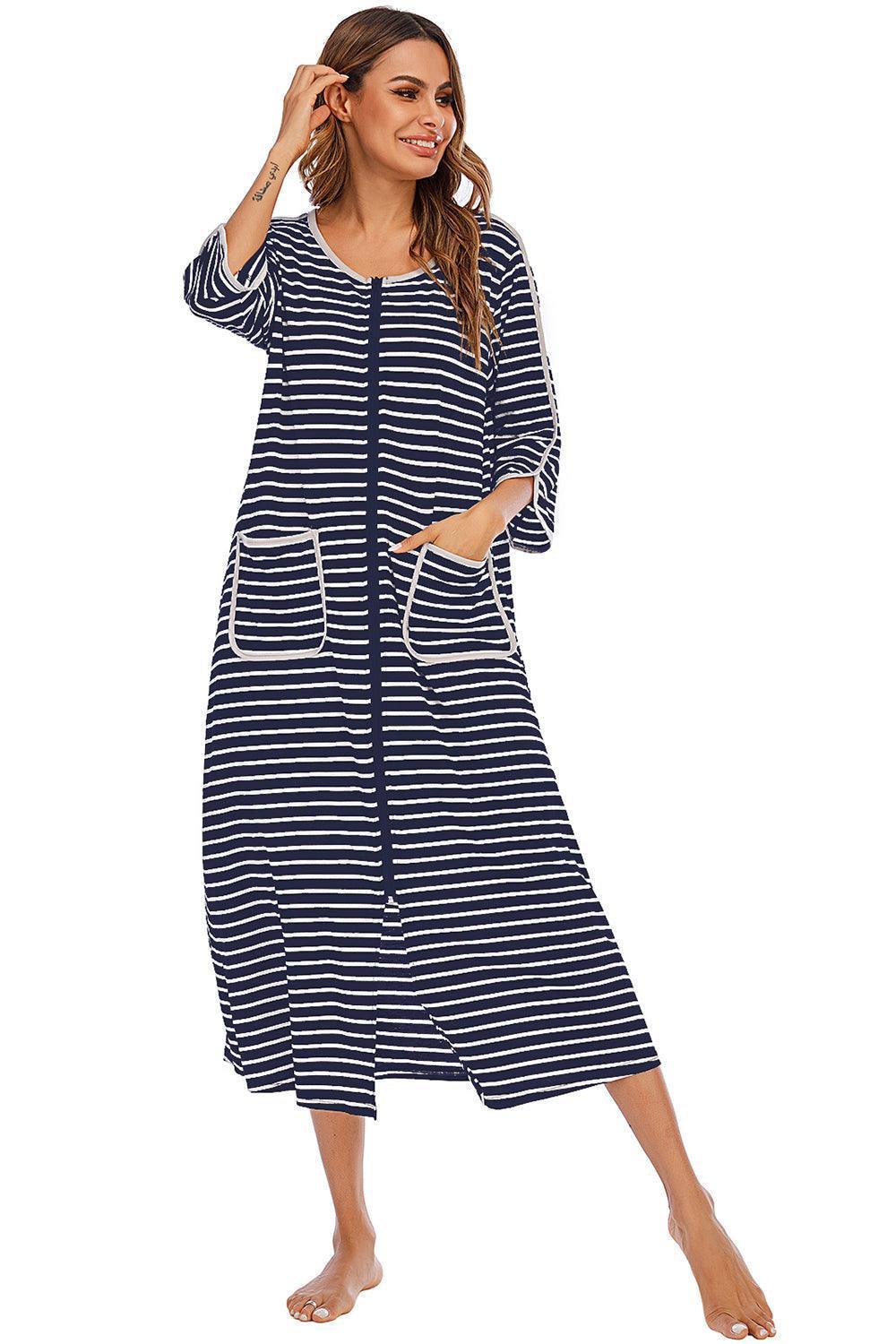 Round Neck Three-Quarter Sleeve Midi Night Dress - ClubOn