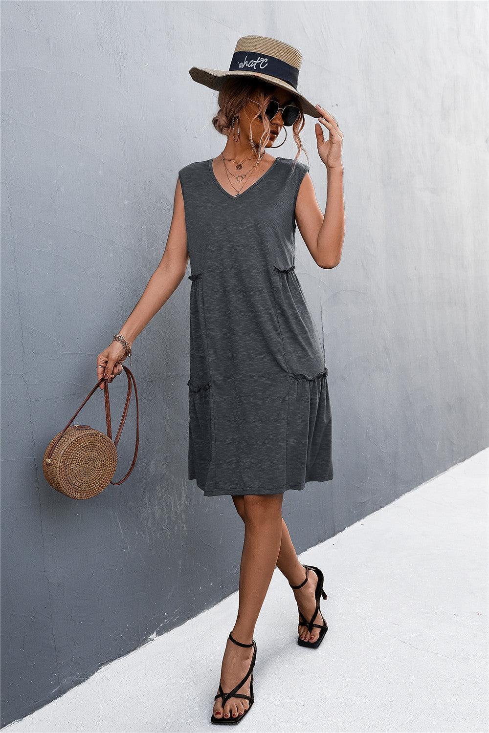 V-Neck Frill Trim Sleeveless Dress - ClubOn