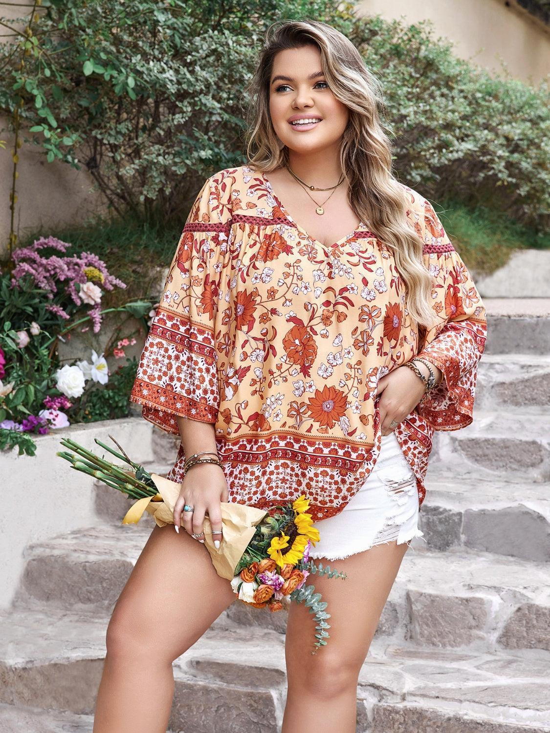 Plus Size Printed V-Neck Three-Quarter Sleeve Blouse - ClubOn