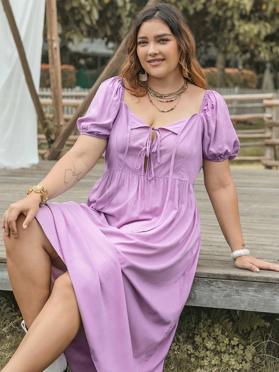 Plus Size Tie Neck Short Sleeve Dress - ClubOn