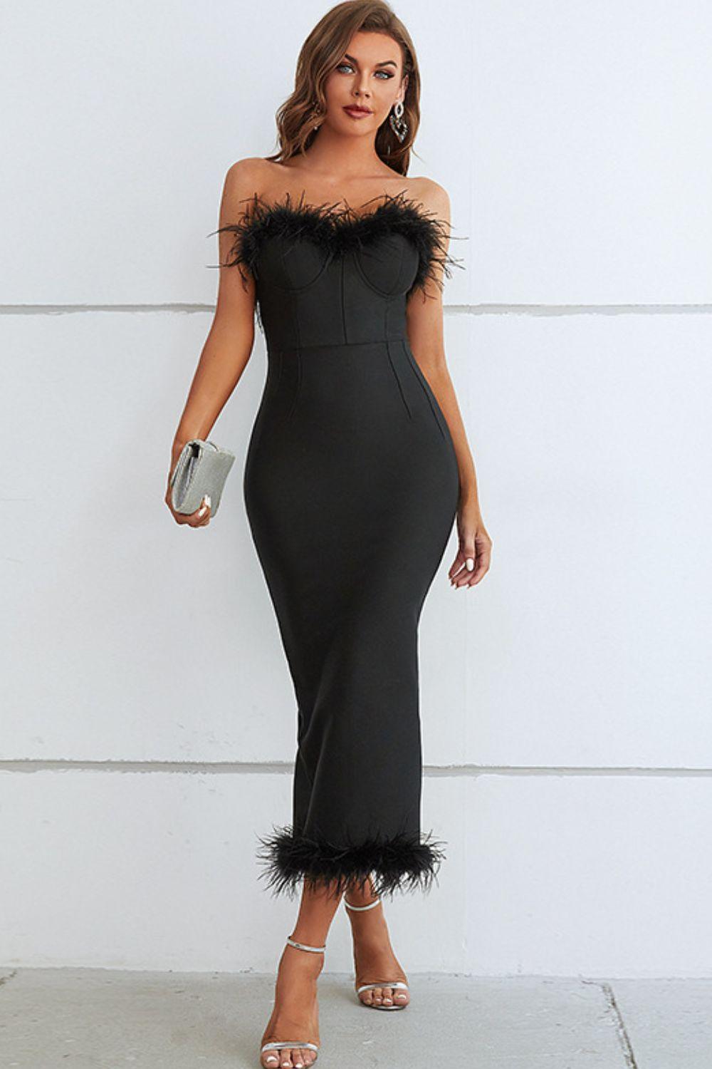 Feather Trim Strapless Sweetheart Neck Dress - ClubOn