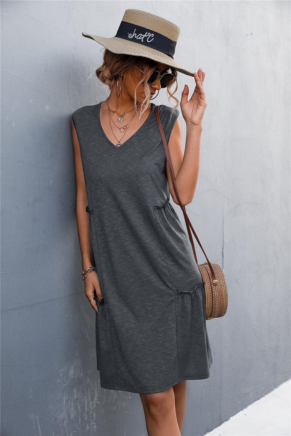 V-Neck Frill Trim Sleeveless Dress - ClubOn