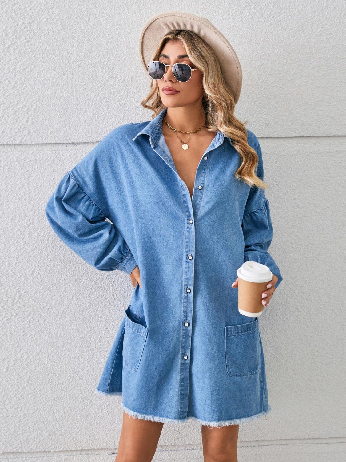 Button Up Pocketed Raw Hem Denim Dress - ClubOn