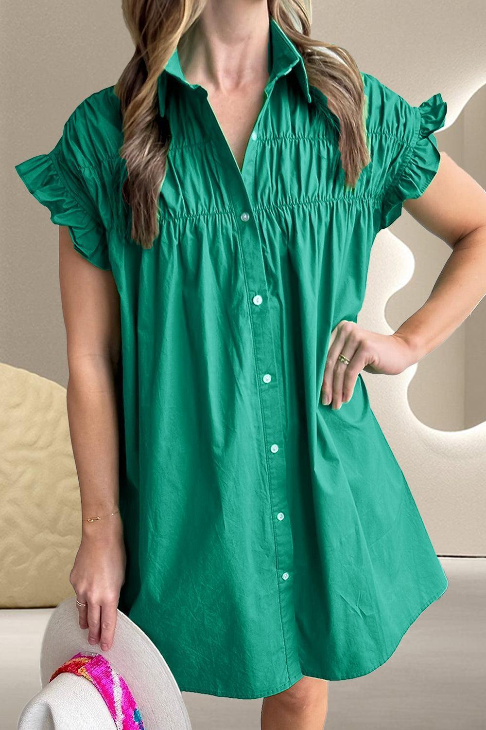 Collared Neck Flounce Sleeve Dress - ClubOn