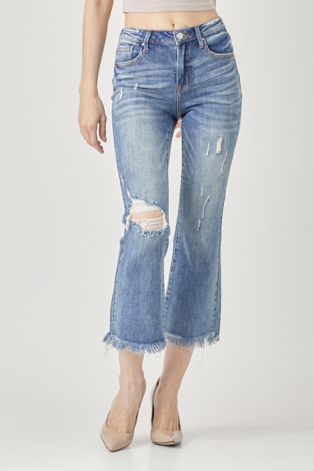 RISEN High Waist Distressed Cropped Bootcut Jeans - ClubOn