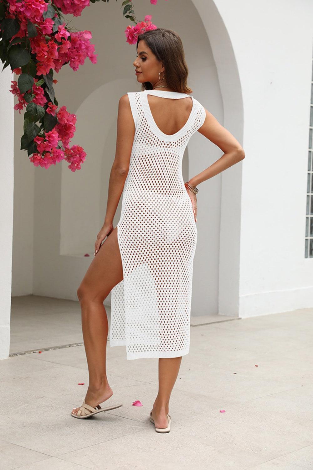 Cutout Openwork Round Neck Sleeveless Cover-Up - ClubOn