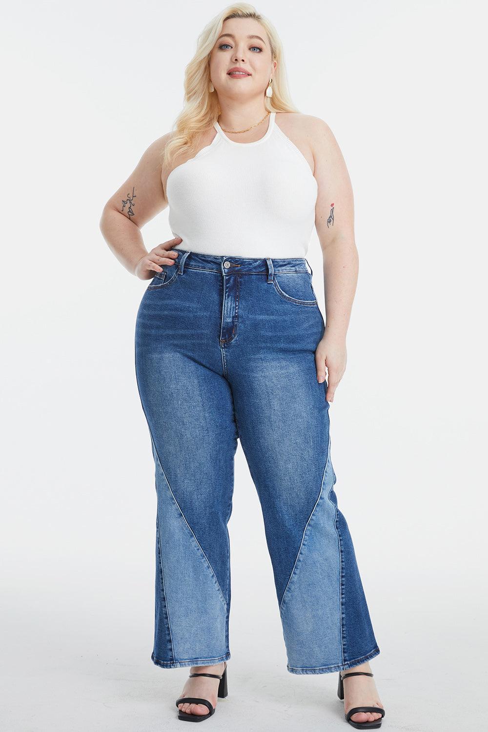 BAYEAS Full Size High Waist Two-Tones Patched Wide Leg Jeans - ClubOn