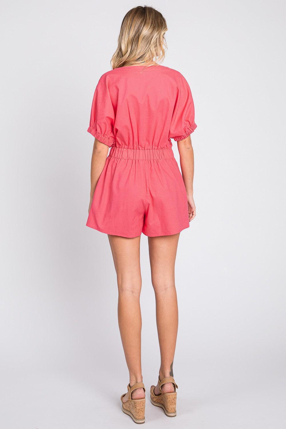 GeeGee Half Button V-Neck Linen Romper - ClubOn