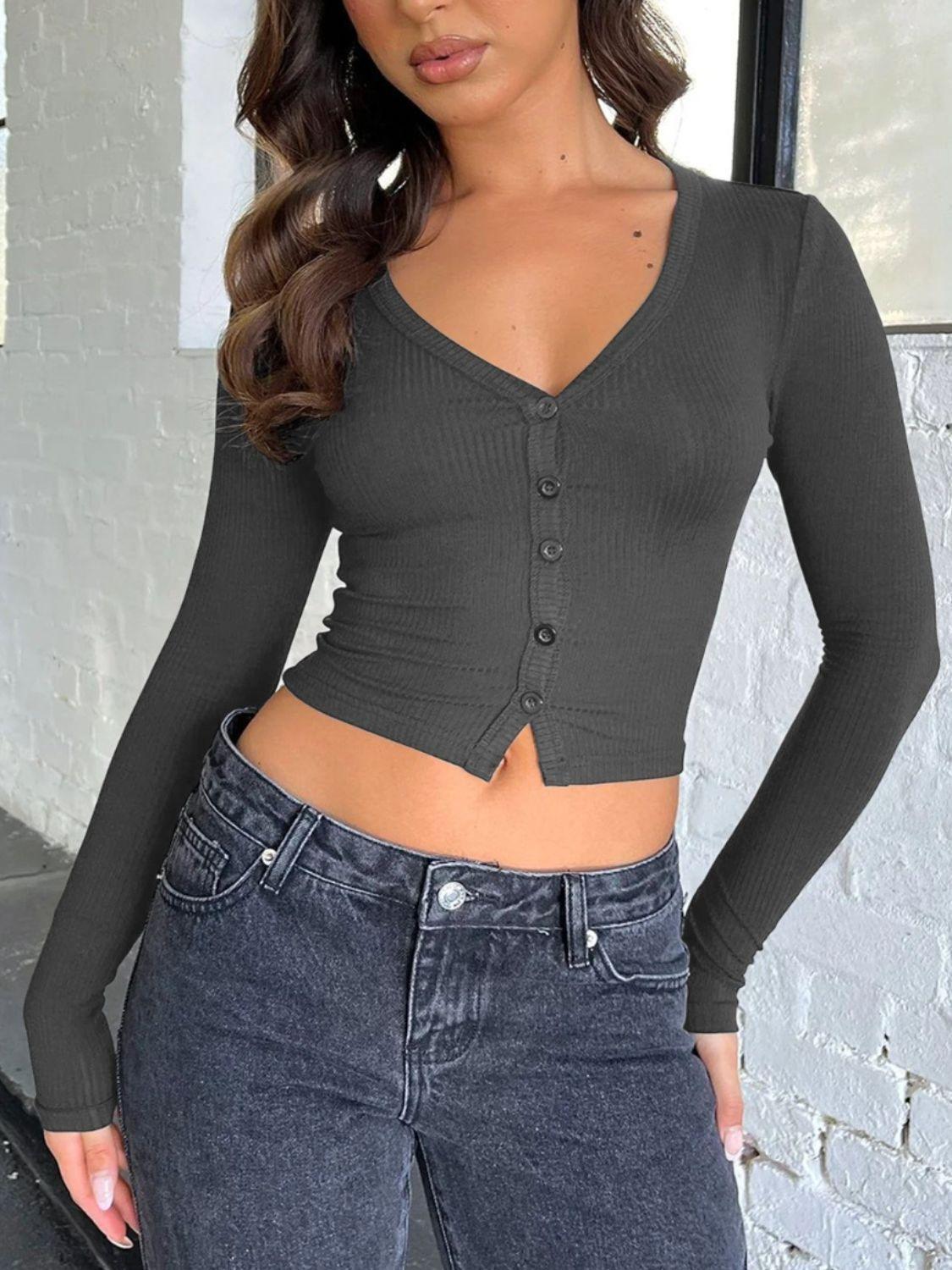 Buttoned V-Neck Long Sleeve T-Shirt - ClubOn