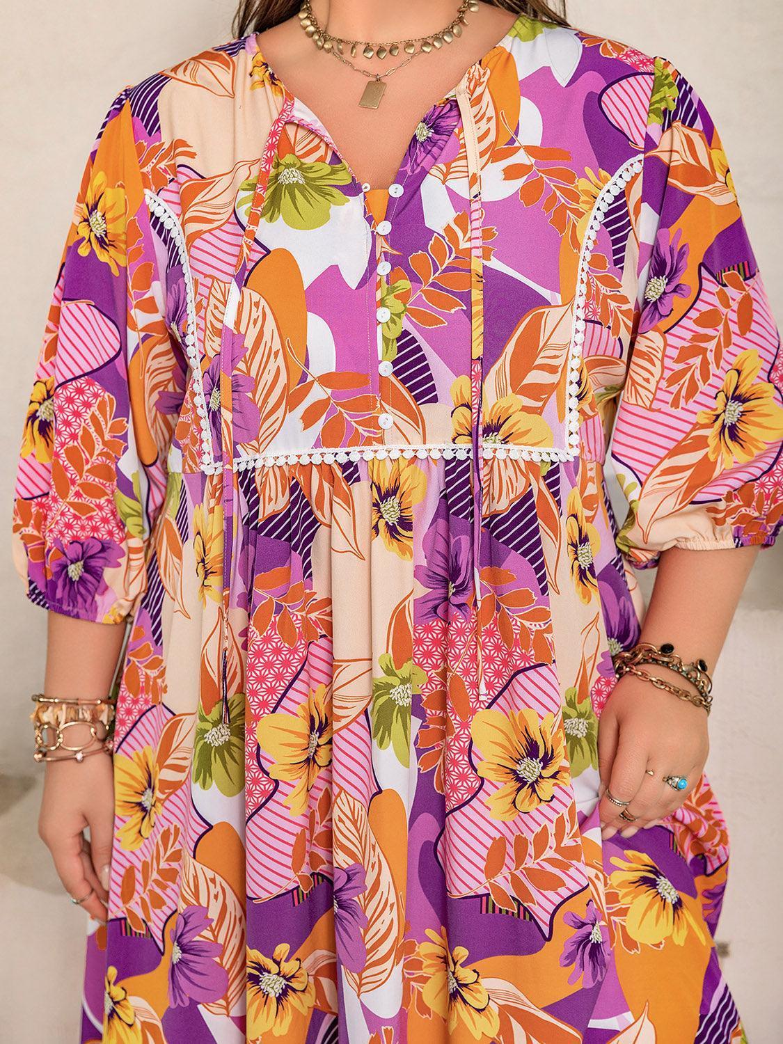 Plus Size Printed Tie Neck Maxi Dress - ClubOn