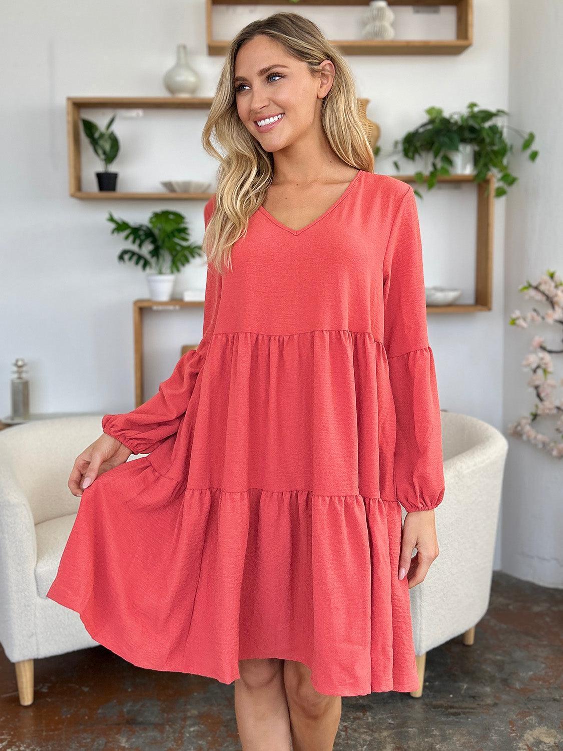 Double Take Full Size V-Neck Balloon Sleeve Tiered Dress with Pockets - ClubOn