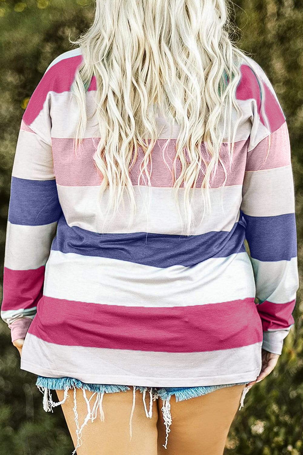 Plus Size Striped Slit Long Sleeve T-Shirt - ClubOn