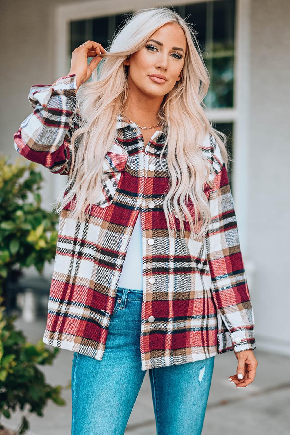 Double Take Plaid Button Front Shirt Jacket with Breast Pockets - ClubOn