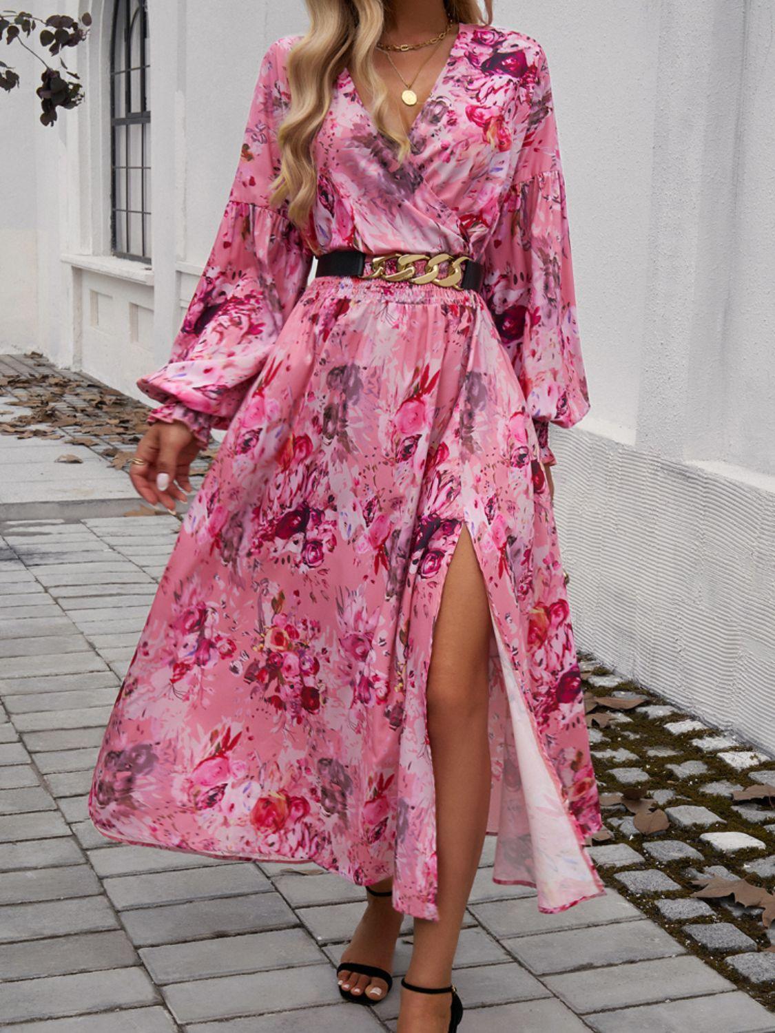 Devine Split Printed Surplice Long Sleeve Midi Dress - ClubOn