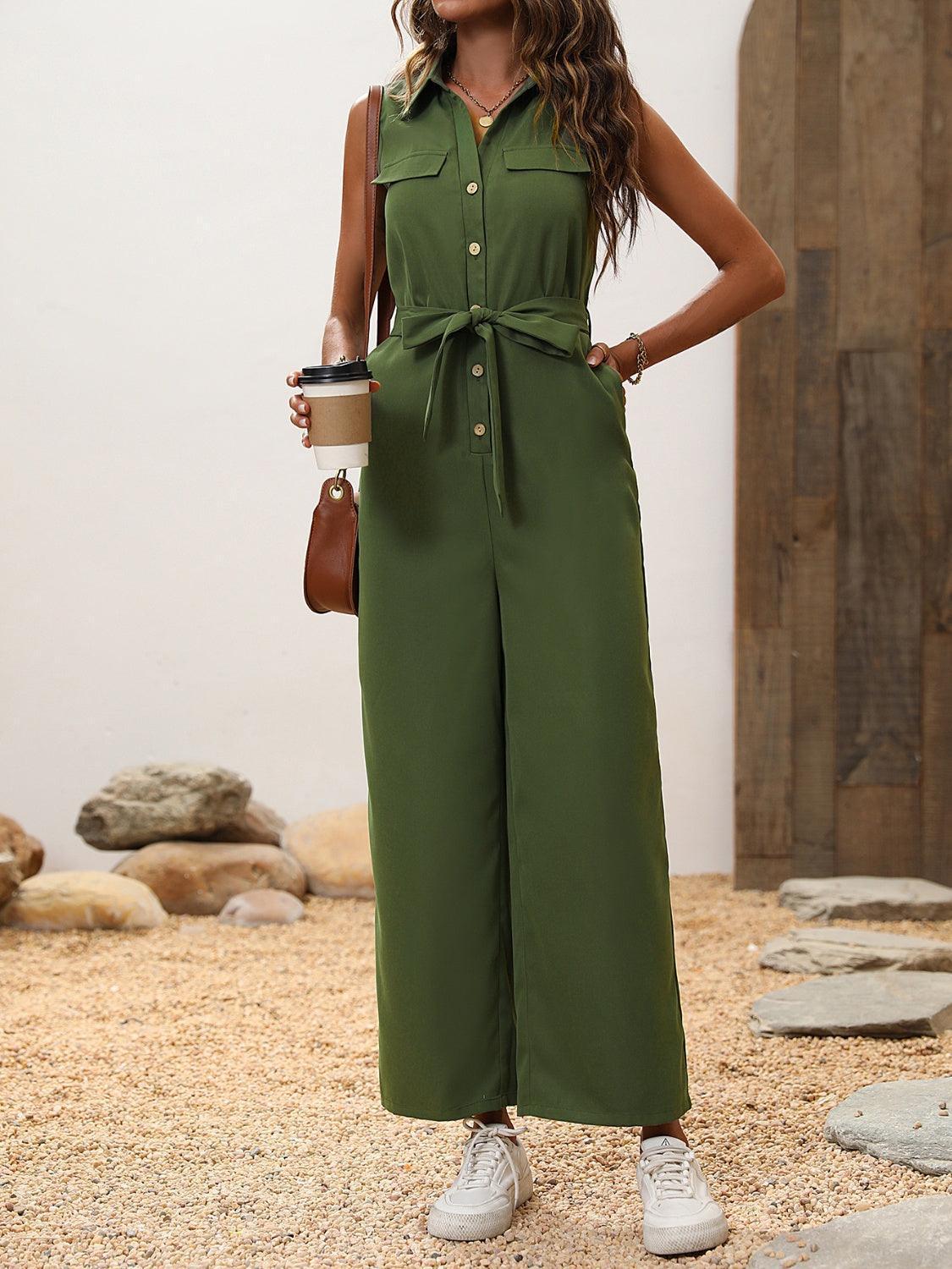 Honey Tie Waist Sleeveless Wide Leg Jumpsuit - ClubOn