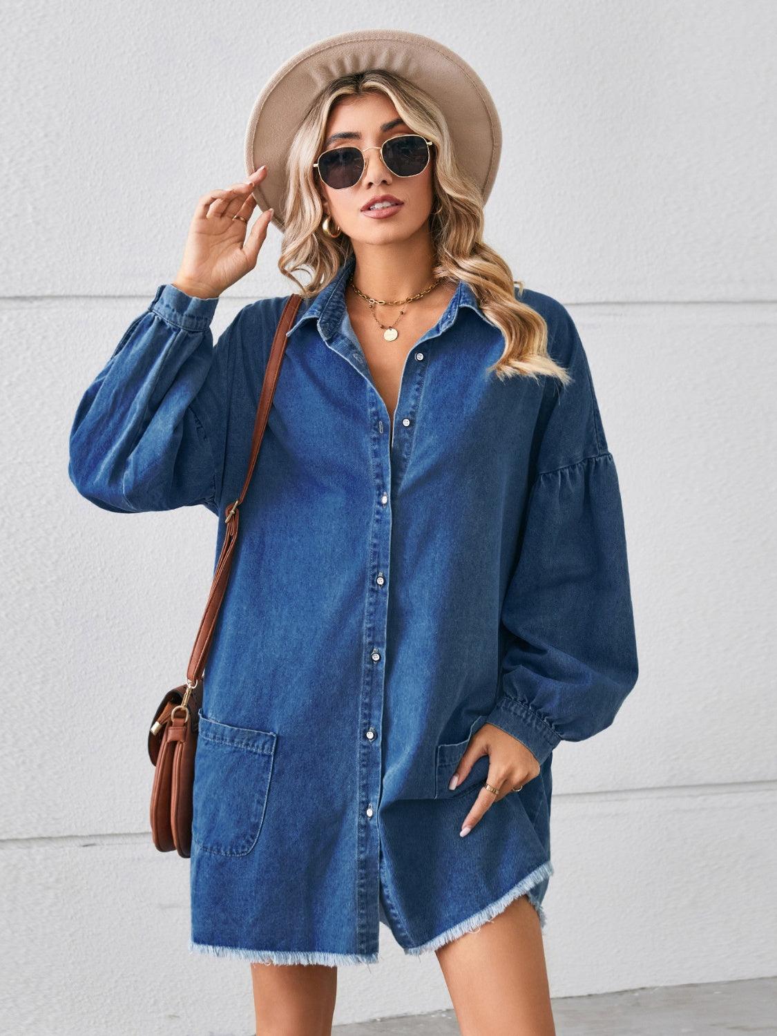 Button Up Pocketed Raw Hem Denim Dress - ClubOn
