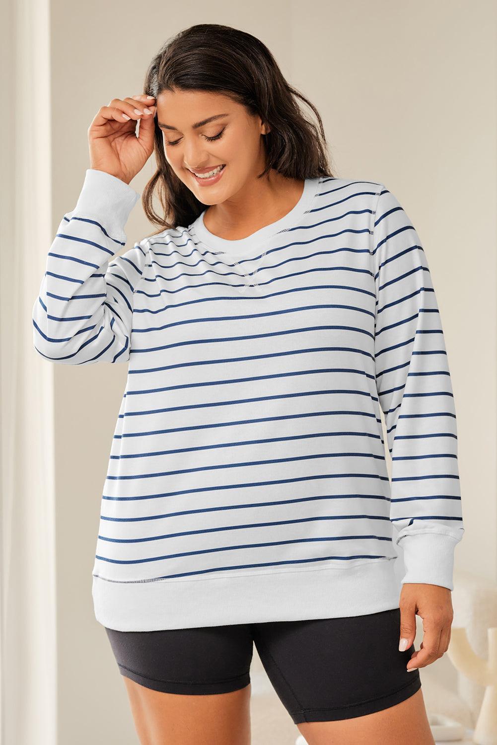 Plus Size Striped Round Neck Long Sleeve T-Shirt - ClubOn