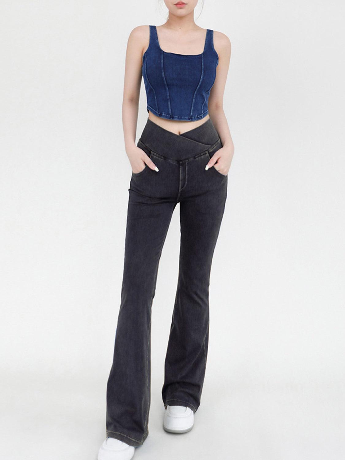 Wide Waistband Bootcut Jeans with Pockets - ClubOn