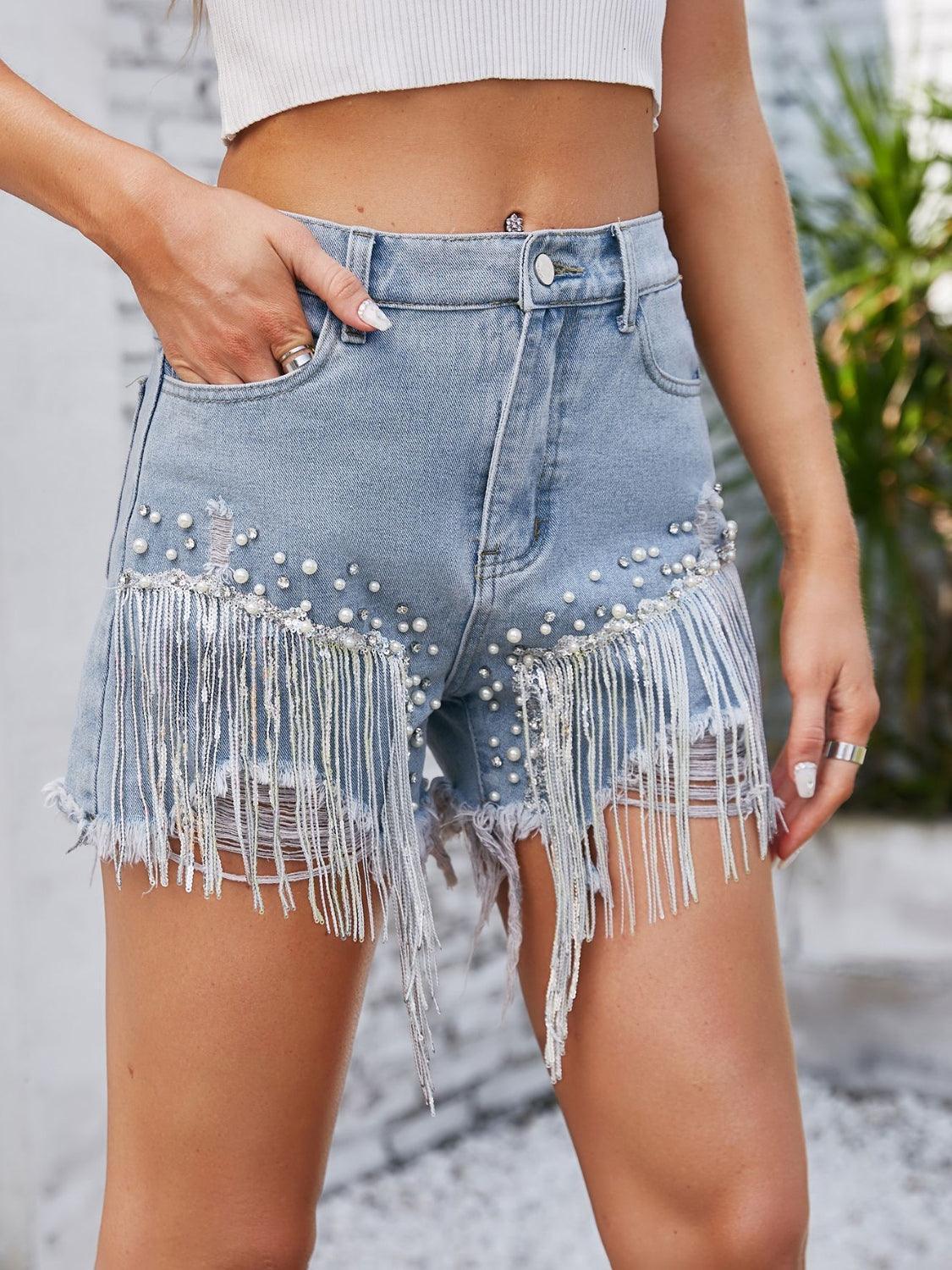 Distressed Pearl Trim Denim Shorts with Pockets - ClubOn