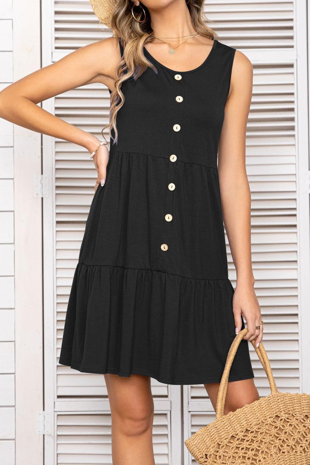 Decorative Button Scoop Neck Sleeveless Tiered Dress - ClubOn