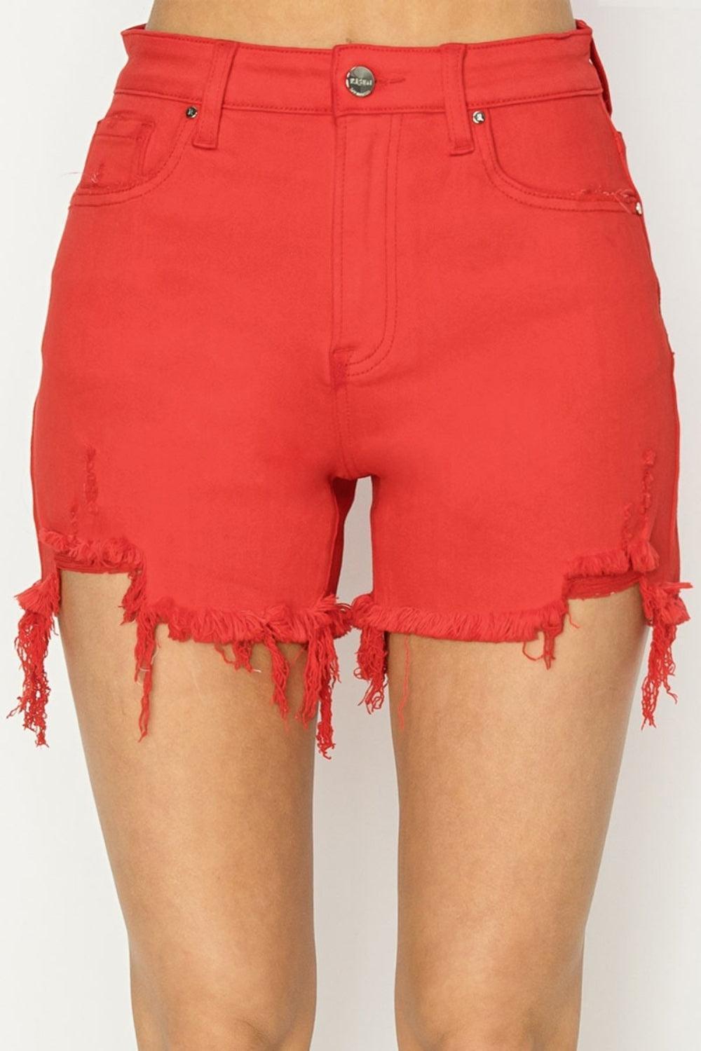 RISEN High Rise Distressed Denim Shorts - ClubOn