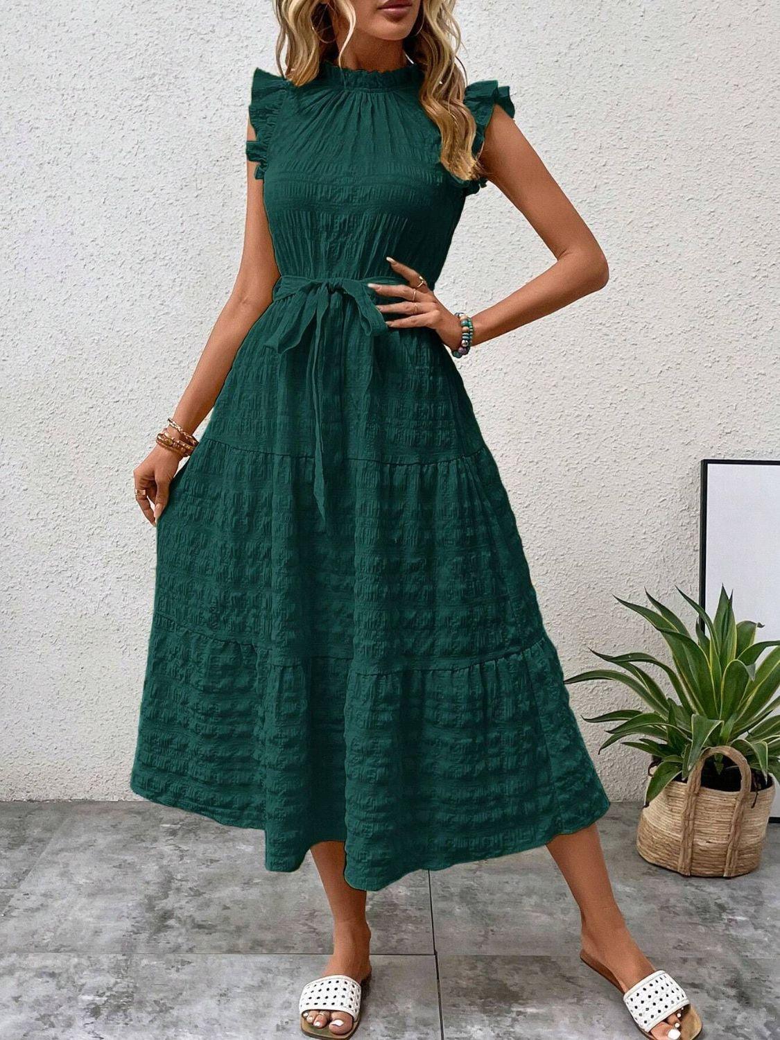Tied Ruffled Cap Sleeve Midi Dress - ClubOn