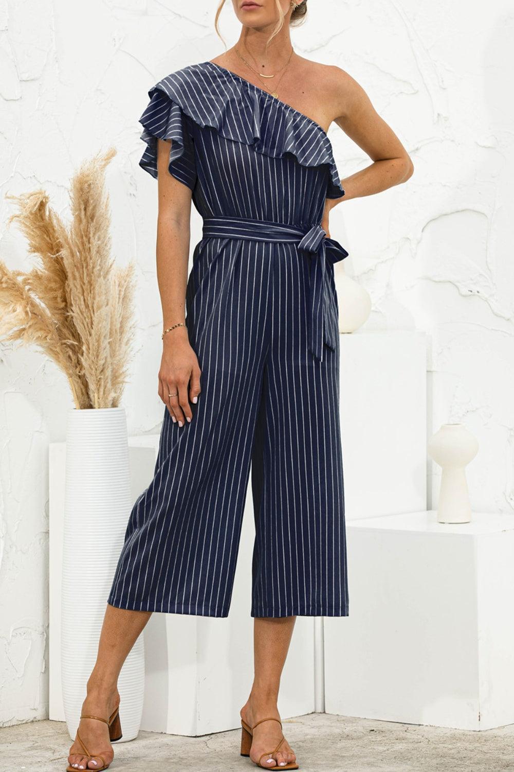 Ruffled Single Shoulder Tie Waist Jumpsuit - ClubOn