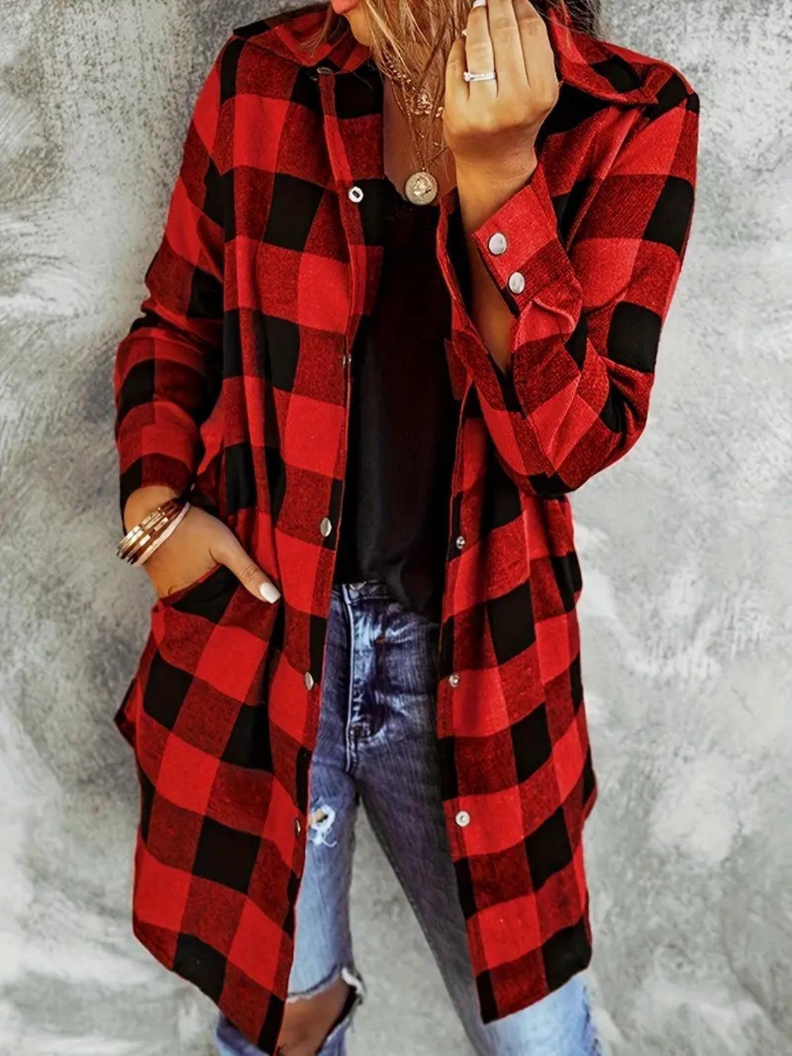 Plaid Collared Neck Snap Down Long Sleeve Jacket - ClubOn