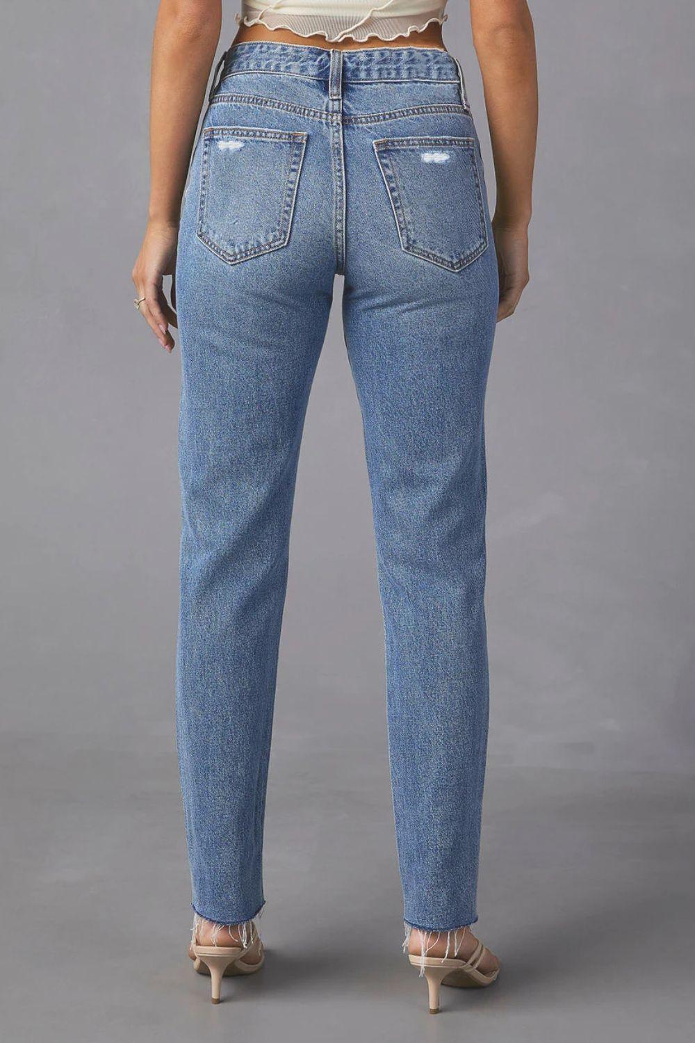 Distressed Raw Hem Straight Jeans with Pockets - ClubOn