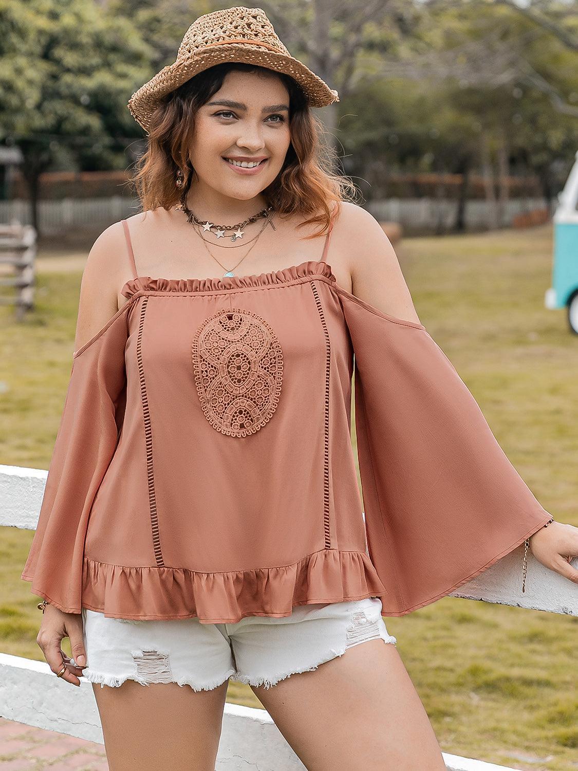 Plus Size Frill Square Neck Long Sleeve Blouse - ClubOn