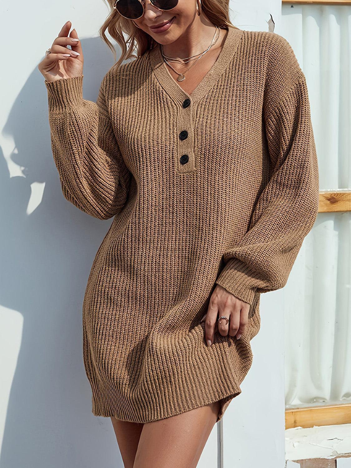 V-Neck Dropped Shoulder Mini Sweater Dress - ClubOn