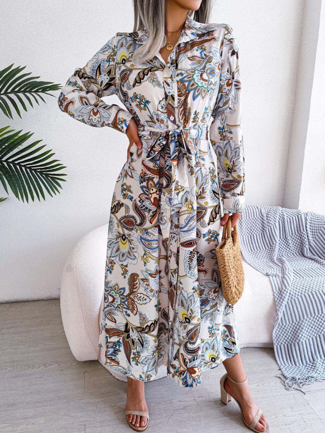 Tied Printed Long Sleeve Midi Dress - ClubOn
