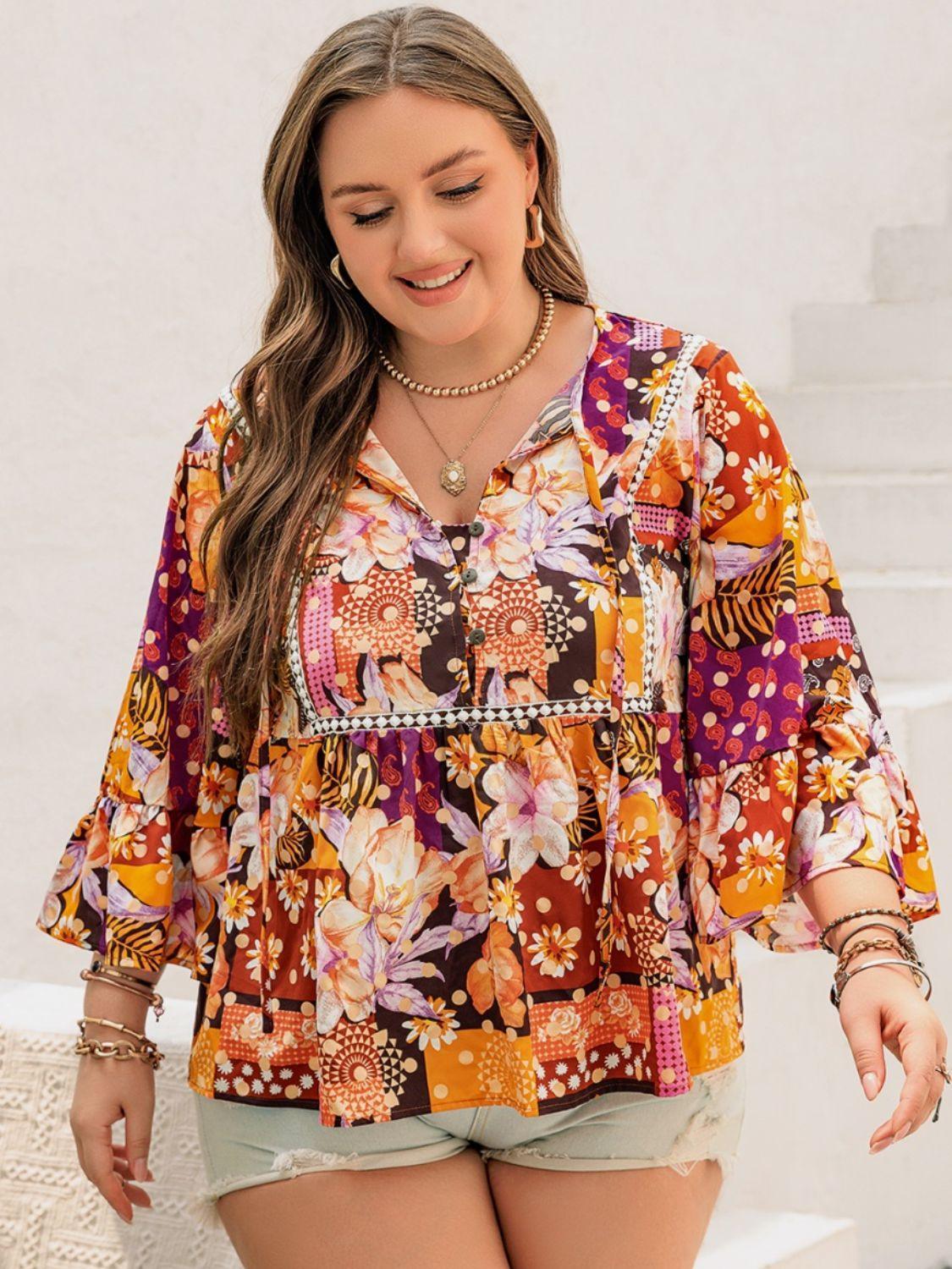 Plus Size Printed Tie Neck Blouse - ClubOn