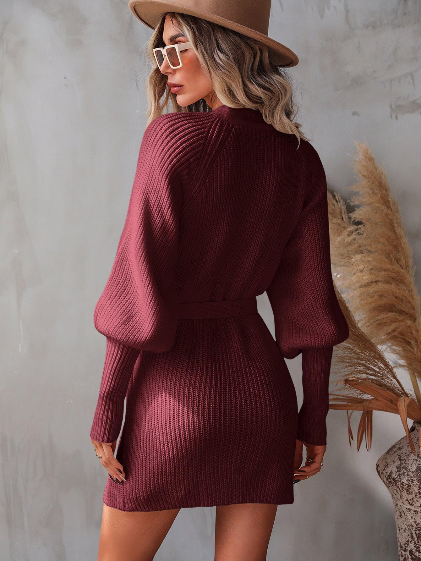 Belted Surplice Lantern Sleeve Wrap Sweater Dress - ClubOn