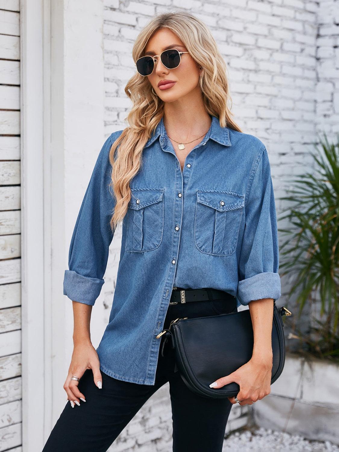 Button Up Collared Neck Denim Jacket - ClubOn