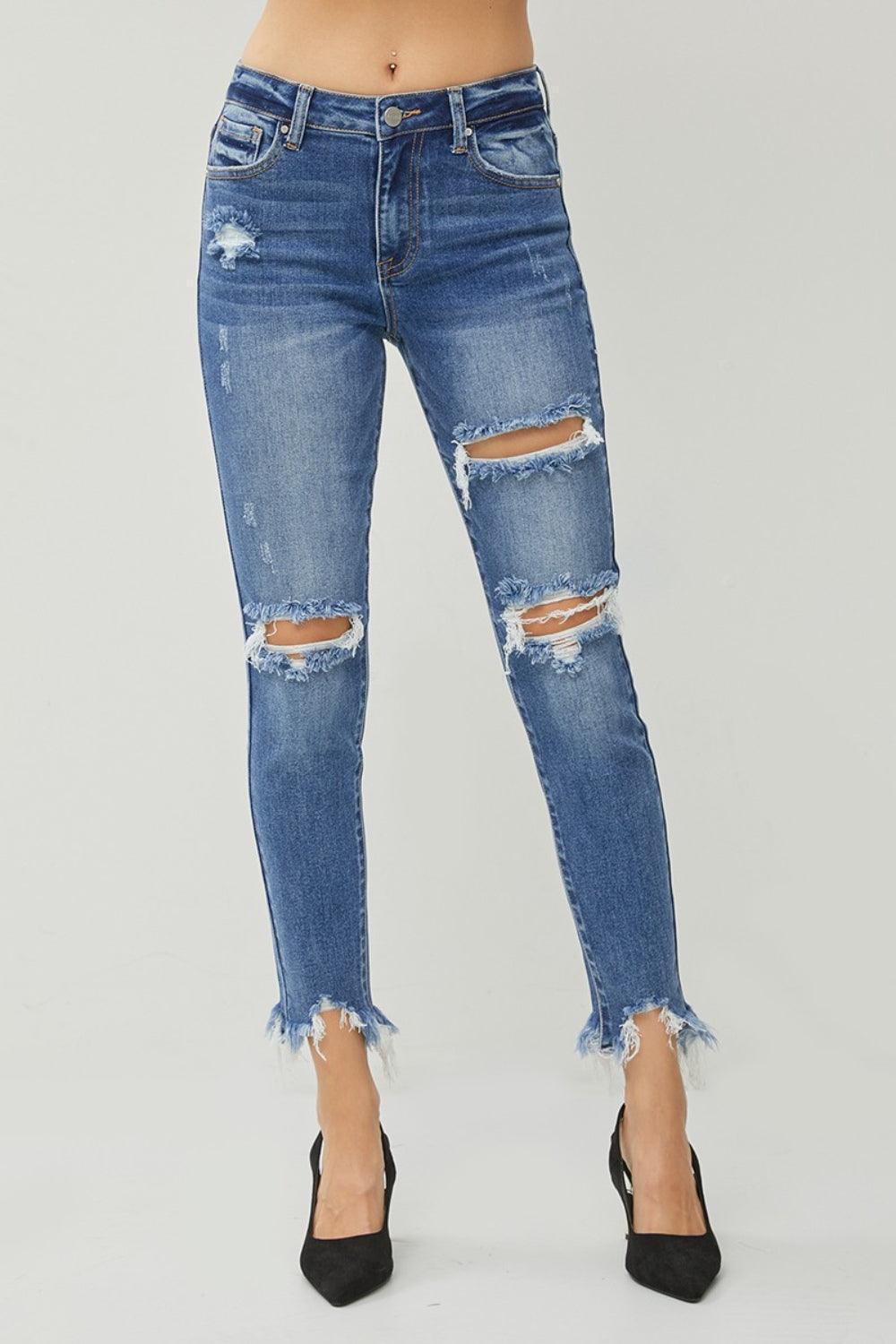 RISEN Distressed Frayed Hem Slim Jeans - ClubOn