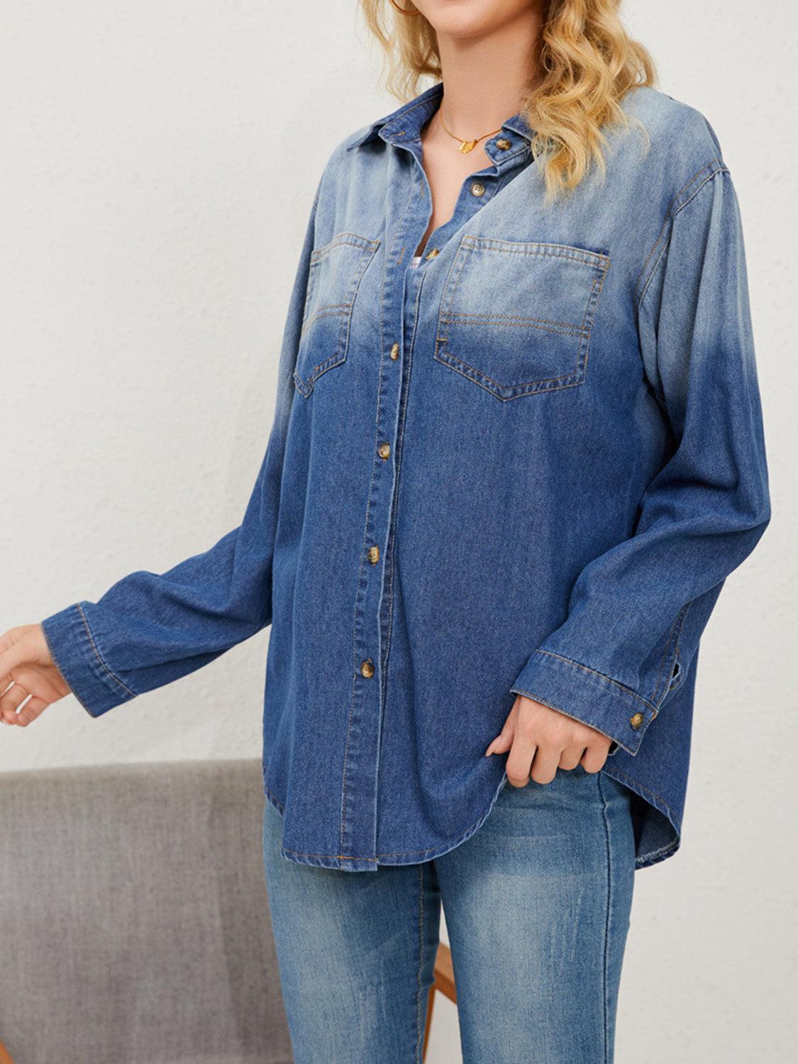 Button Up Long Sleeve Denim Jacket - ClubOn