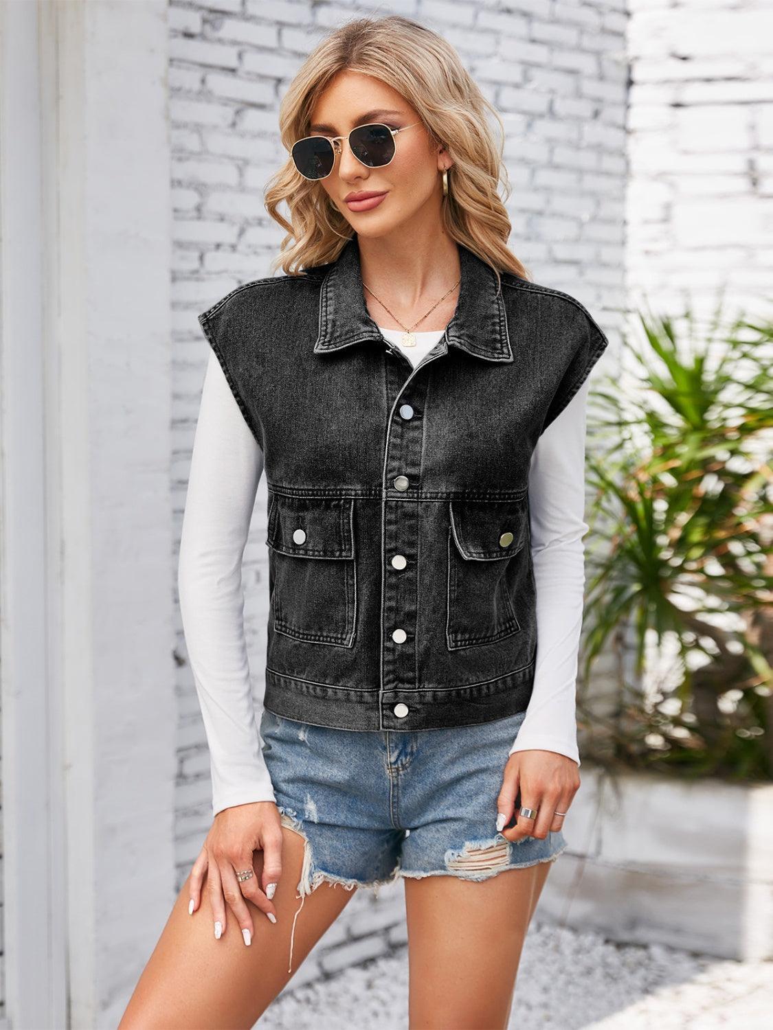 Cap Sleeve Denim Jacket with Pockets - ClubOn
