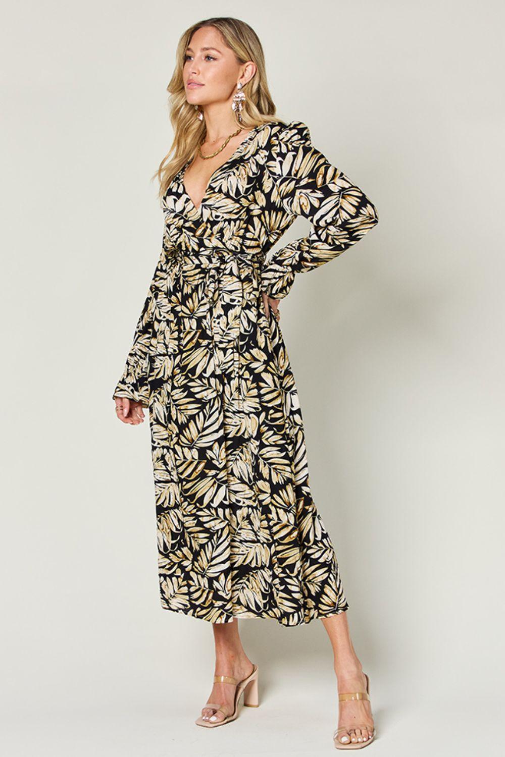 Double Take Full Size Tie Back Flounce Sleeve Dress - ClubOn