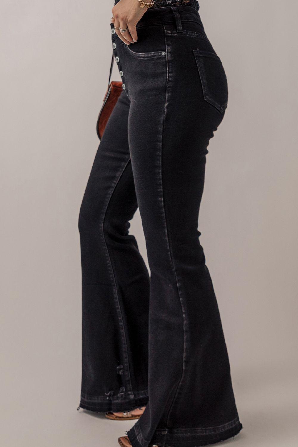 Button-Fly Flare Jeans with Pockets - ClubOn