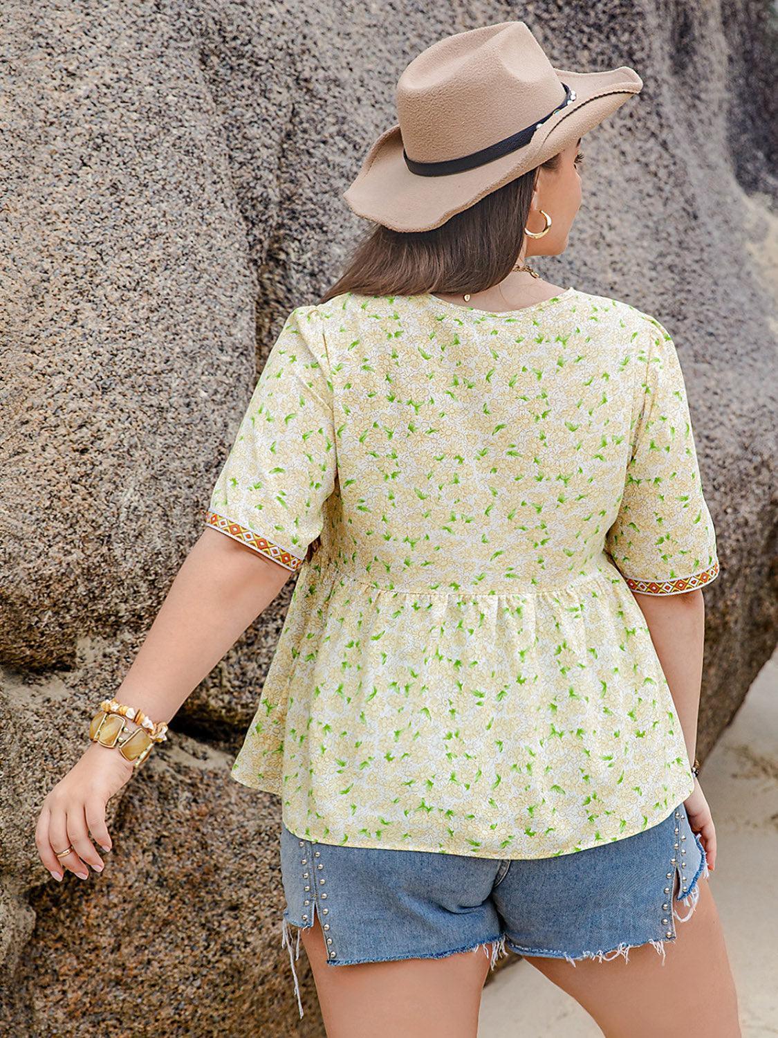 Plus Size Printed Tie Neck Half Sleeve Blouse - ClubOn