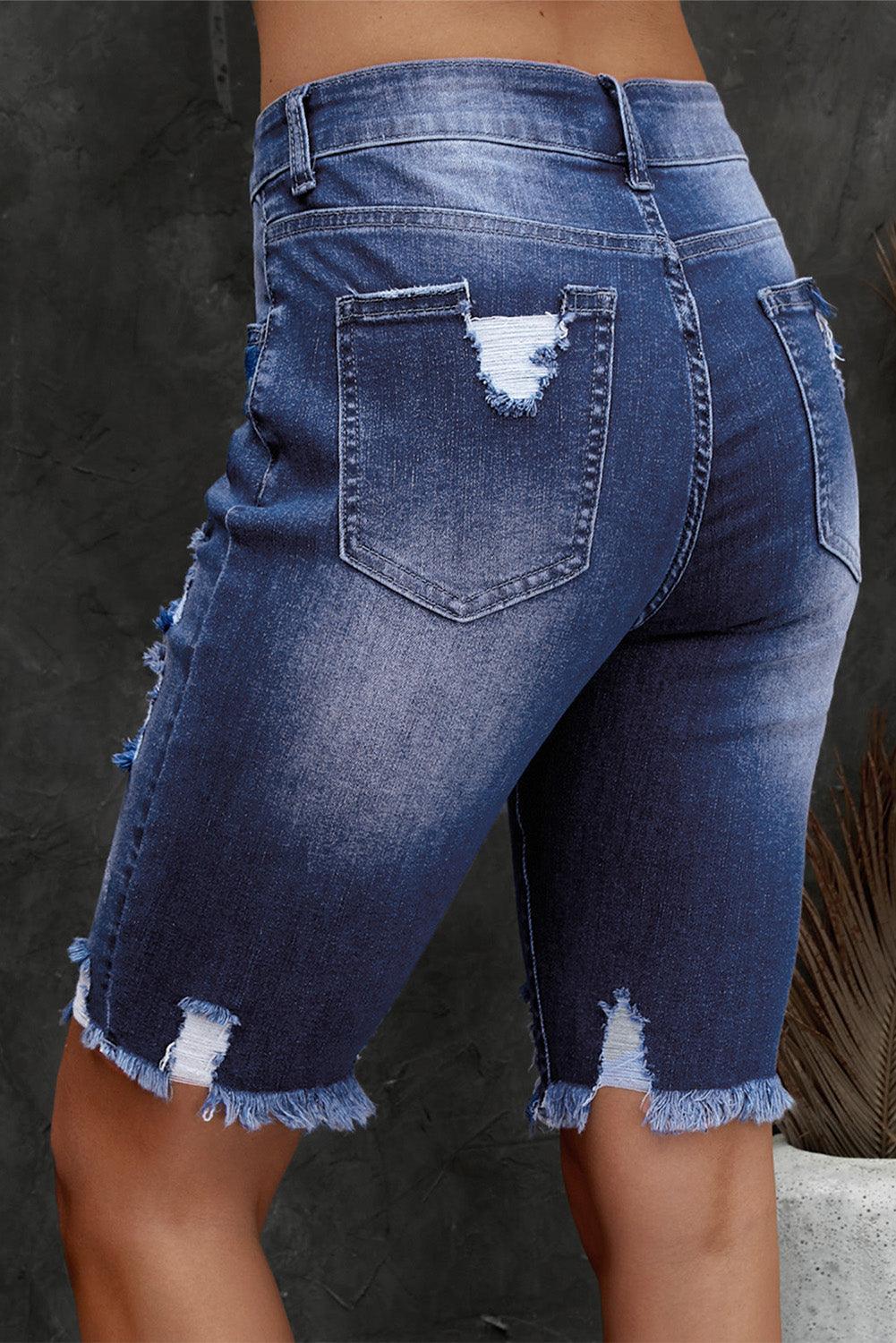 Distressed Frayed Hem Denim Bermuda Shorts - ClubOn