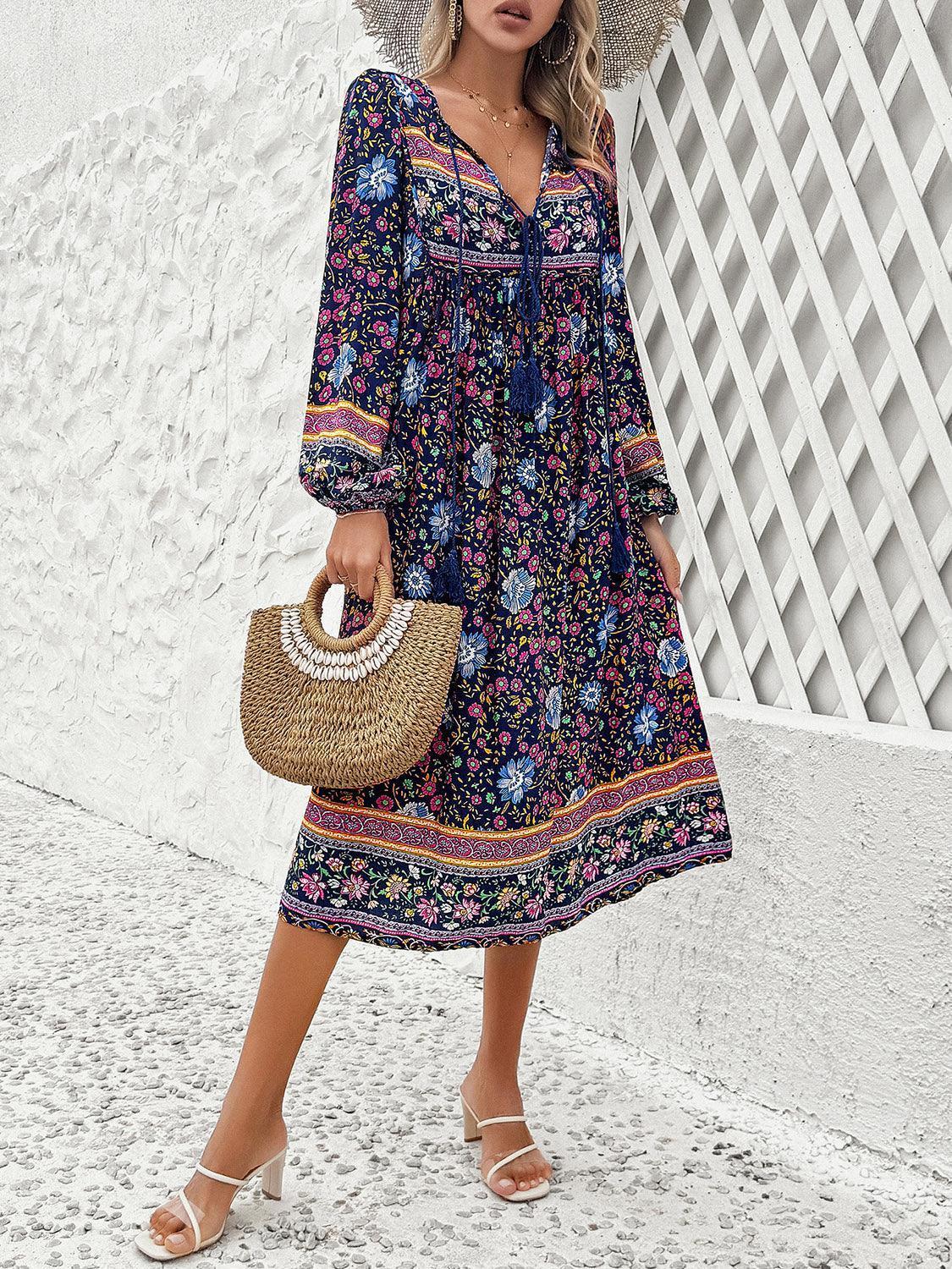 Devine Tassel Tied Printed Long Sleeve Dress - ClubOn